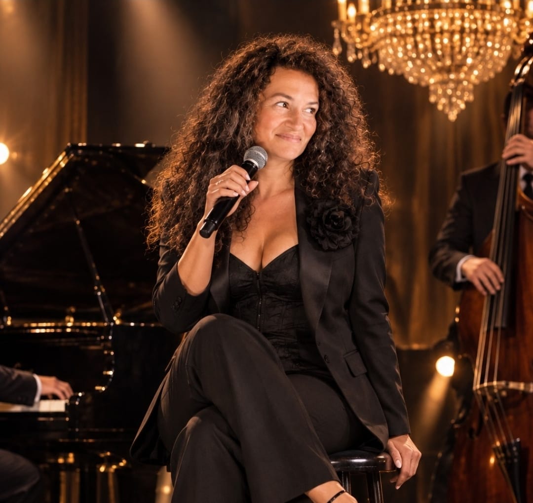 Barbara Pythagoras im schwarzen Hosenanzug mit Mikrofon auf der Jazzbühne — Flügel, Kontrabass und Kronleuchter im warmen Licht