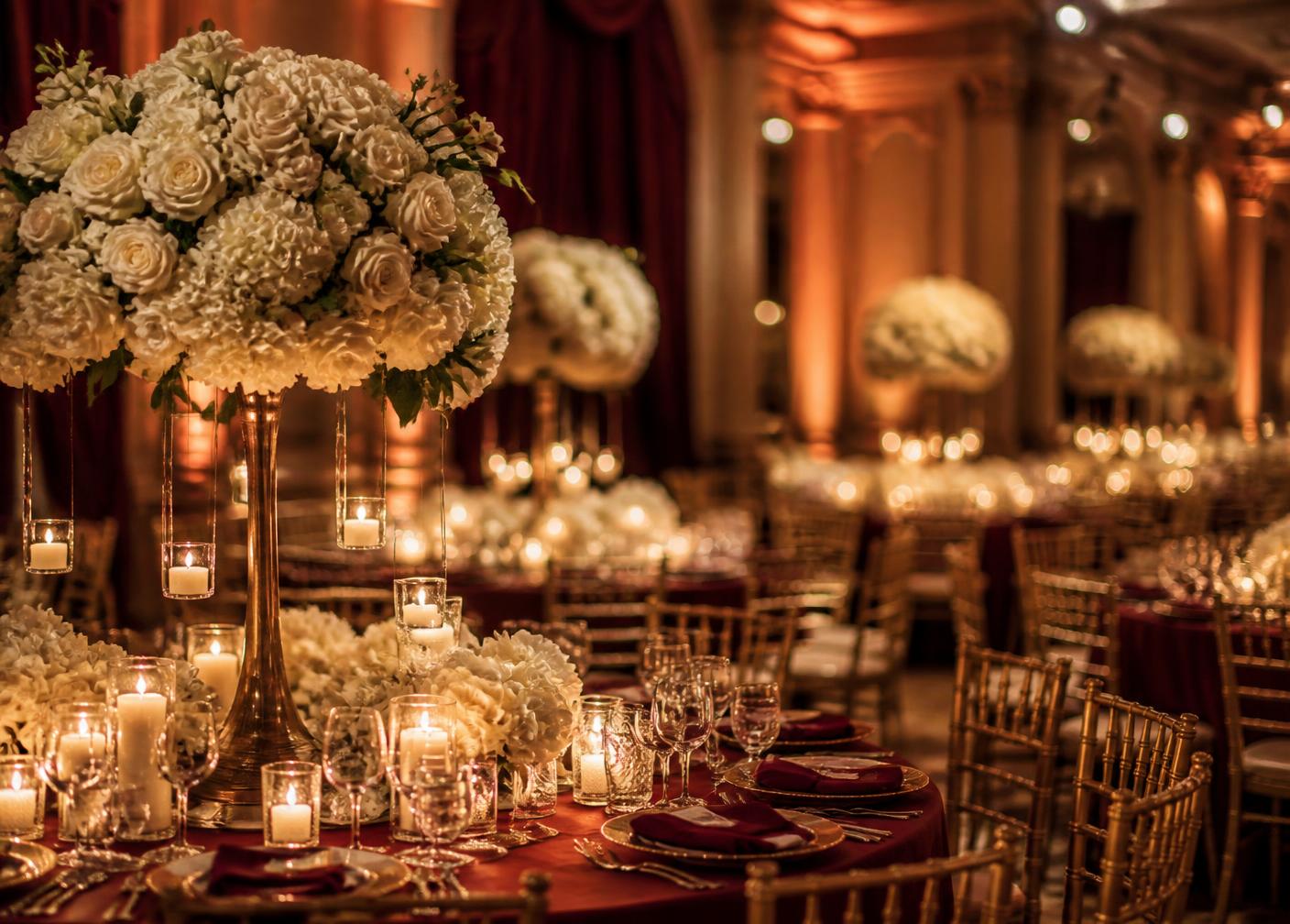 Festlich gedeckte Hochzeitstafel mit Kerzenlicht, weißen Blumen und Goldakzenten